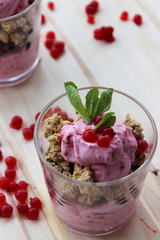 healthy Breakfast of cottage cheese , currants and roasted oat flakes