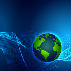 digital technology earth world map on blue background with dots wave