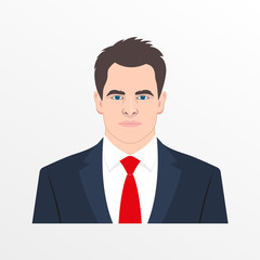 Male avatar with realistic face. Man in the suit, shirt and necktie. Businessman head and shoulder icon. Vector illustration.