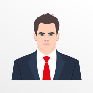 Male avatar with realistic face. Man in the suit, shirt and necktie. Businessman head and shoulder icon. Vector illustration.