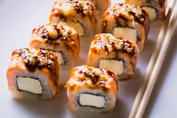 Japanese sushi on a beautiful plate.