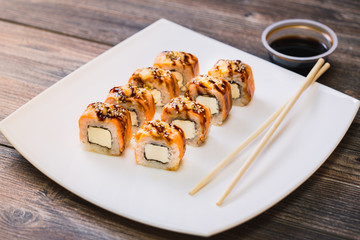 Japanese sushi on a beautiful plate.