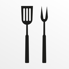 BBQ or grill tools icon. Crossed barbecue fork with spatula. Vector illustration.