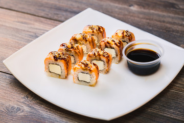 Japanese sushi on a beautiful plate.