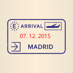 Naklejka premium Madrid passport stamp. Travel by plane visa or immigration stamp. Vector illustration.