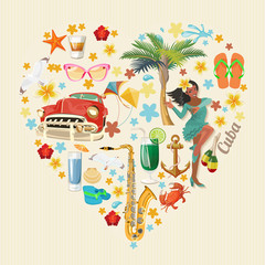 Cuba attraction and sights - travel postcard concept. Vector illustration with traditional Cuban architecture, colourful buildings, car, guitar, cigars, cocktail, flag. Design elements for poster.