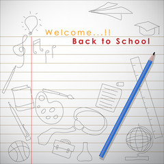 Abstract of Welcome Back to School Vector Background Design. Back to School in The Typographic Text with Knowledge Icon and Stationary Icon for Educational Learning. Vector and Illustration, EPS 10.