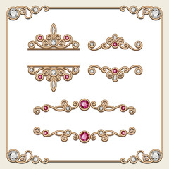Set of gold jewelry design elements on white
