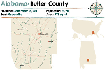 Large and detailed map of Butler County in Alabama.