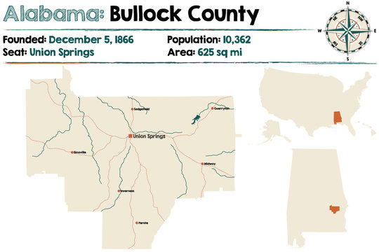 Large and detailed map of Bullock County in Alabama.