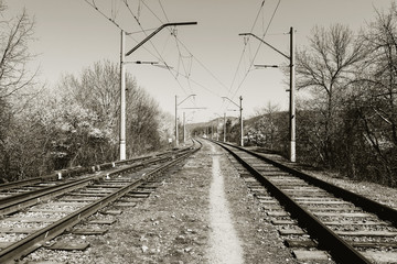 Railroad in rural areas in spring time. black and white photo