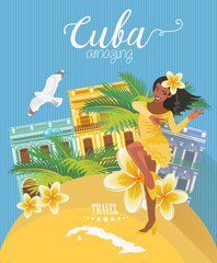 Cuba attraction and sights - travel postcard concept. Vector illustration with traditional Cuban architecture, colourful buildings, car, guitar, cigars, cocktail, flag. Design elements for poster. - 143805562
