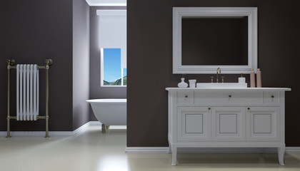 Freestanding bath in modern bathroom, 3D rendering