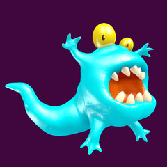 Cute blue tadpole monster. 3D illustration.