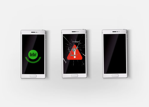Smartphone, mobile phone with broken screen, black screen and smile hello screen. Top view illustration  templates 
