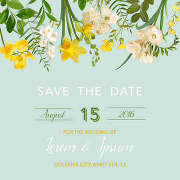 Save the Date Summer and Spring Floral Card in Watercolor Style. Vector Vintage Field Flowers