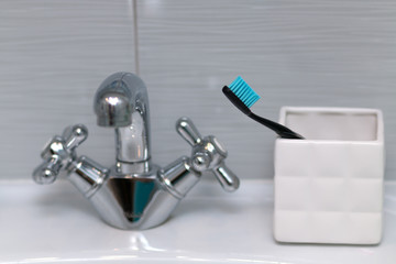 Toothbrush, oral hygiene. Bathroom. Selective focus.