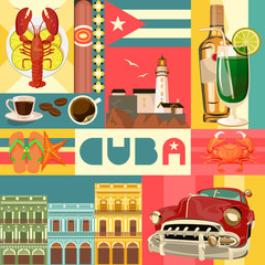 Cuba attraction and sights - travel postcard concept. Vector illustration with traditional Cuban architecture, colourful buildings, car, guitar, cigars, cocktail, flag. Design elements for poster. - 143807386