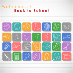 Abstract of Welcome Back to School Vector Background Design. Back to School in The Typographic Text with Knowledge Icon and Stationary Icon for Educational Learning. Vector and Illustration, EPS 10.