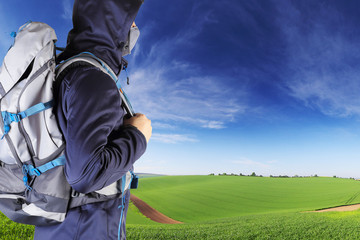 Traveler with backpack close-up