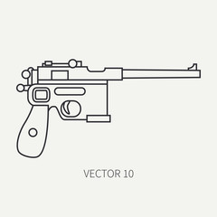 Line flat plain vector military icon handgun, pistol. Army equipment and armament. Legendary retro weapon. Cartoon style. Assault. Soldiers. War. Illustration and element for your design and wallpaper