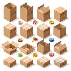 Vector cardboard boxes infographic set opened closed sealed with tape dispenser big or small format. Flat style vector illustration isolated on white background. Delivery Infographic for holiday gift 