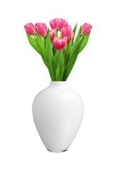 Bouquet of pink tulips in white vase isolated on white background