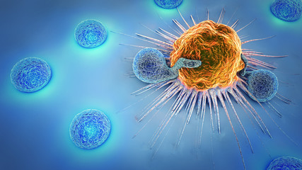 Fototapeta 3d illustration of a cancer cell and lymphocytes obraz