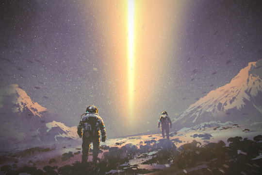 astronauts walking to mystery light beam from the sky, sci-fi concept, illustration painting
