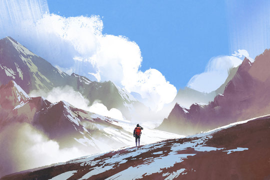 scenery of hiker with backpack looking at mountains, illustration painting