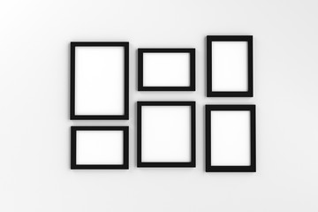 Realistic group of blank black picture frame templates set on white background, 3D render