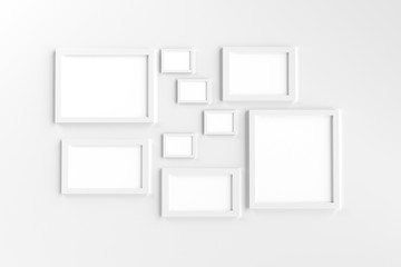 Realistic group of blank white picture frame templates set on white background, 3D render
