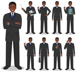 Business concept. Detailed illustration of african american businessman standing in different positions in flat style isolated on white background. Vector illustration.