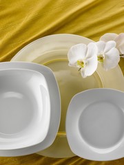 graphic composition of plates and flowers on a tablecloth