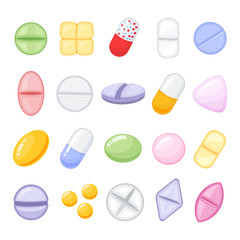 Set of different isolated, colorful pills, cartoon style vector illustration
