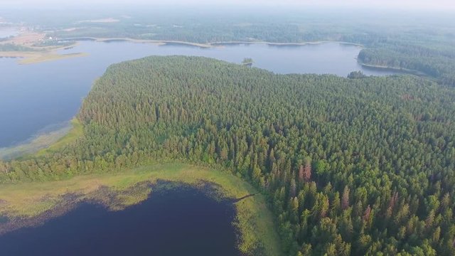 Summer aerial landscape of Seliger lake in Russia at evening, 4k
