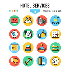 Hotel services icons. Modern thin line icons set. Premium quality. Outline symbols, graphic elements collection, flat line icons. Vector illustration