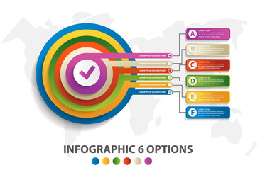 Vector graphic design infographics for marketing with 6 circles in the form of a target. Charts, presentations, workflow layout, banner, number options, step up options, web design