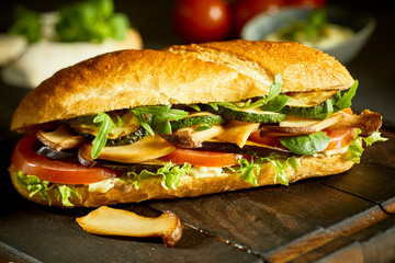 Tasty vegan baguette with mushrooms and greens