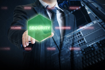 Double exposure of IT Manager touch security on digital screen to prevent system and devices from virus attack with server network storage background in security technology concept