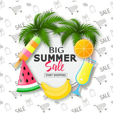Big summer sale banner. Exotic tropical background with place for text, flowers, sunglasses, watermelon, camera and summer cocktail.