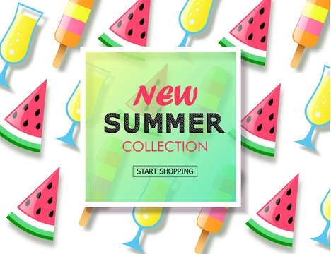New summer collection sale background with colorful ice cream, slice watermelon and cocktail. Vector illustration template, banners. Wallpaper, flyers, invitation, posters, brochure.