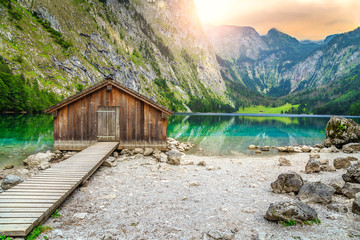 Boat dock on Obersee alpine lake, Berchtesgaden, Bavaria, Germany, Europe