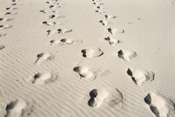 Fototapeta na wymiar Summer sun blue sky ocean sand desert footprints