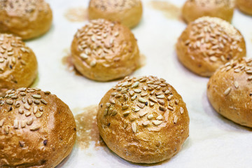 Fresh bread buns with sunflower seeds