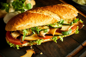 Speciality vegan baguette with mushrooms
