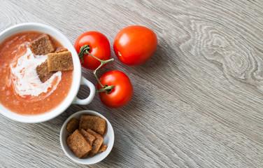 Tomato soup with breadcrumbs and cream. Banner for cafe