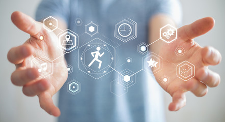 Young man using running application to check his performances 3D rendering