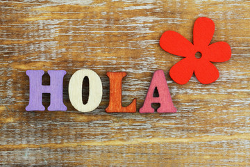 Hola (hello in Spanish) written with colorful wooden letters and red flower
