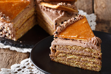 Delicious slice of Hungarian Dobosh cake with caramel close-up. horizontal